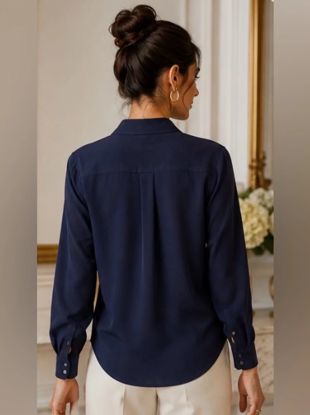 Kate Spade New York 100% Silk Navy Button Up Blouse Size 2 Long Sleeve Dual Pock